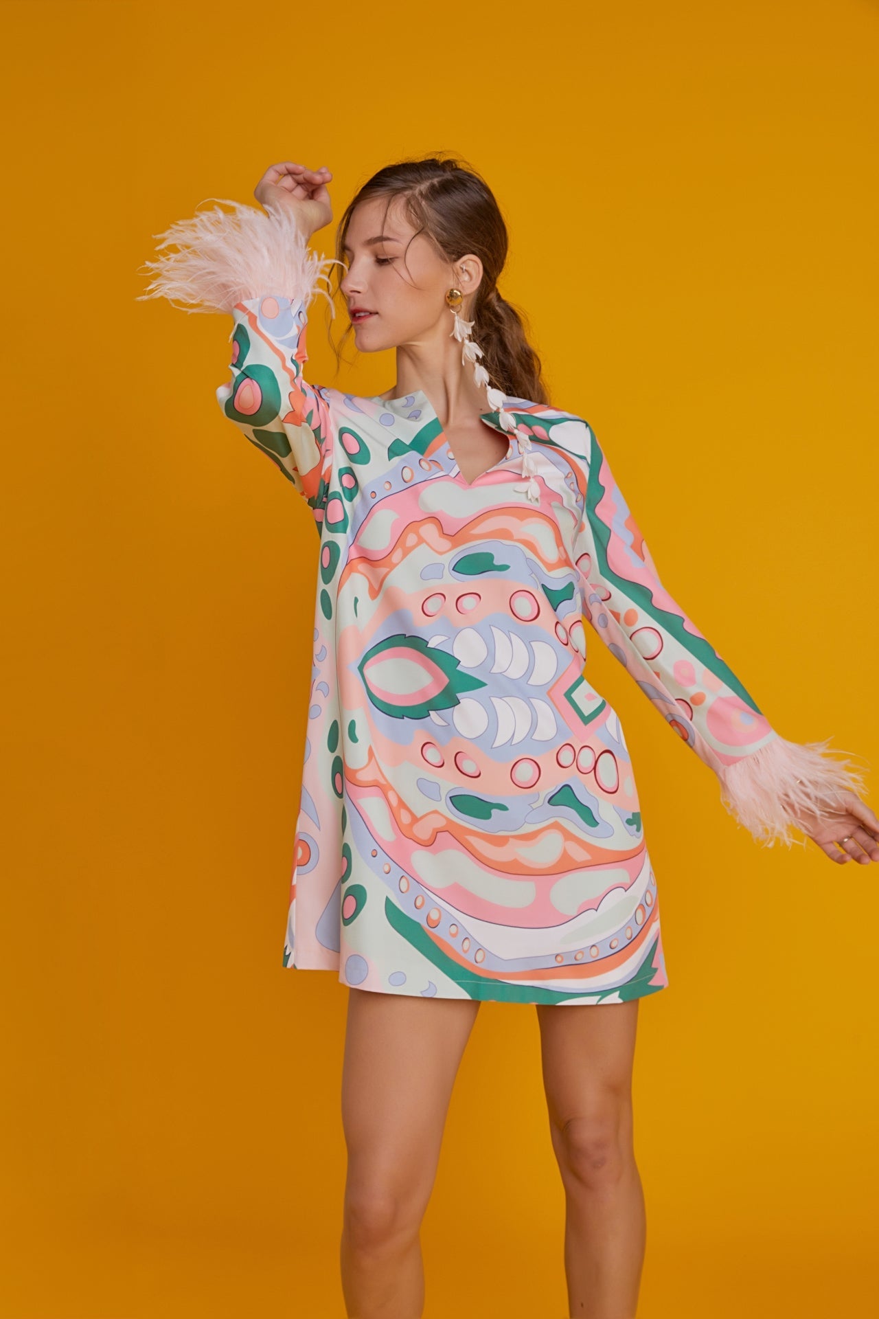 ENGLISH FACTORY - Print Mini Tunic Dress With Feather - DRESSES available at Objectrare