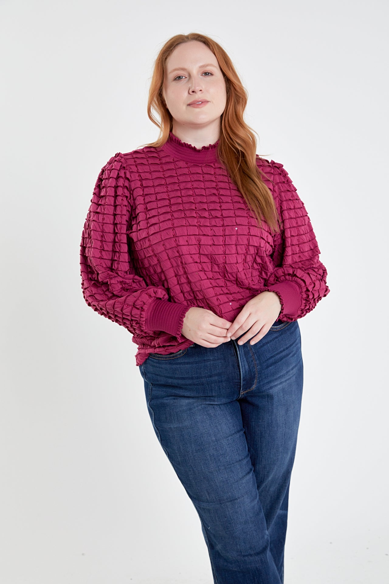 ENGLISH FACTORY - Plus Size Tiered Jersey Top Mock Neck Blouse - TOPS available at Objectrare