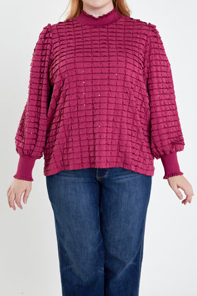 ENGLISH FACTORY - Plus Size Tiered Jersey Top Mock Neck Blouse - TOPS available at Objectrare