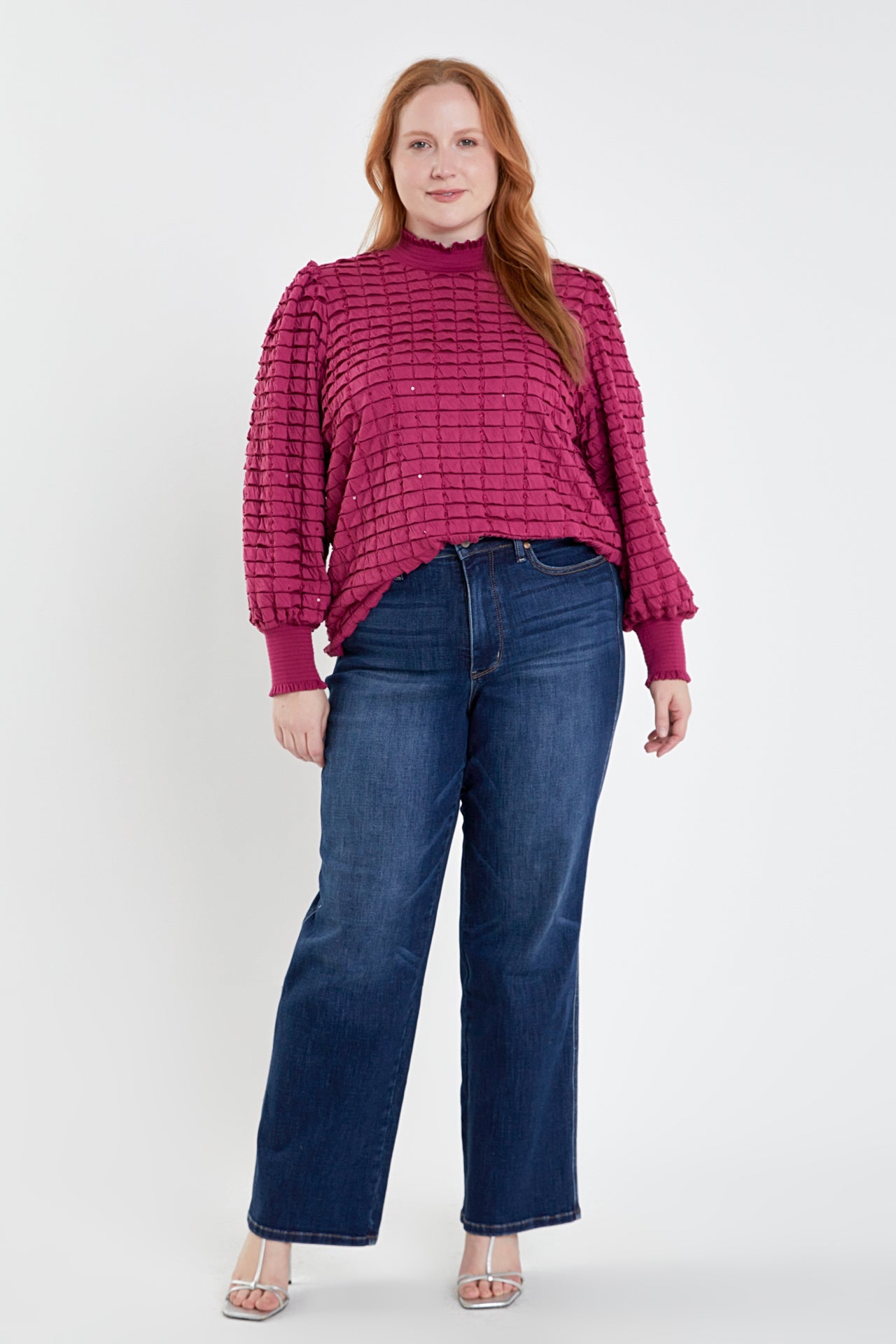 ENGLISH FACTORY - Plus Size Tiered Jersey Top Mock Neck Blouse - TOPS available at Objectrare