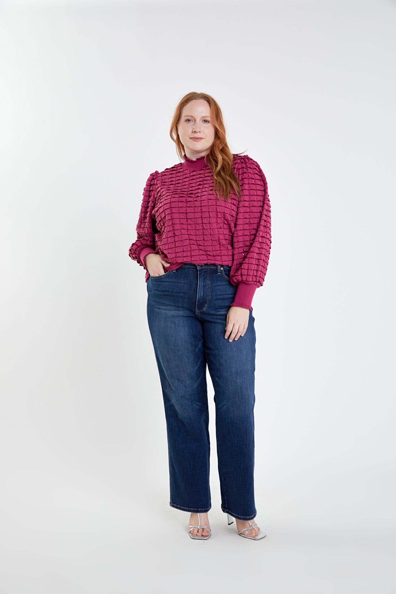 ENGLISH FACTORY - Plus Size Tiered Jersey Top Mock Neck Blouse - TOPS available at Objectrare