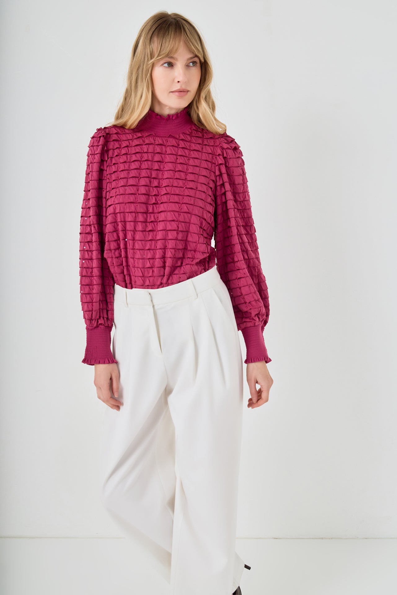 Tiered Jersey Top Mock Neck Blouse