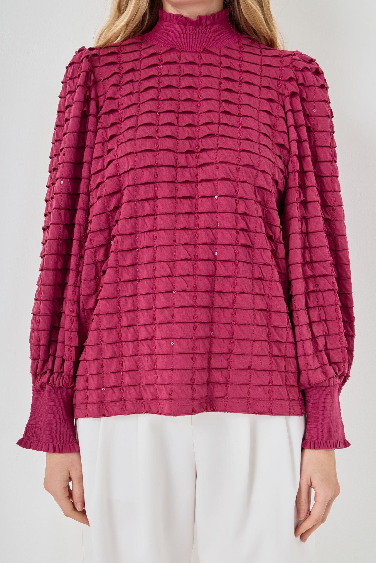 Tiered Jersey Top Mock Neck Blouse