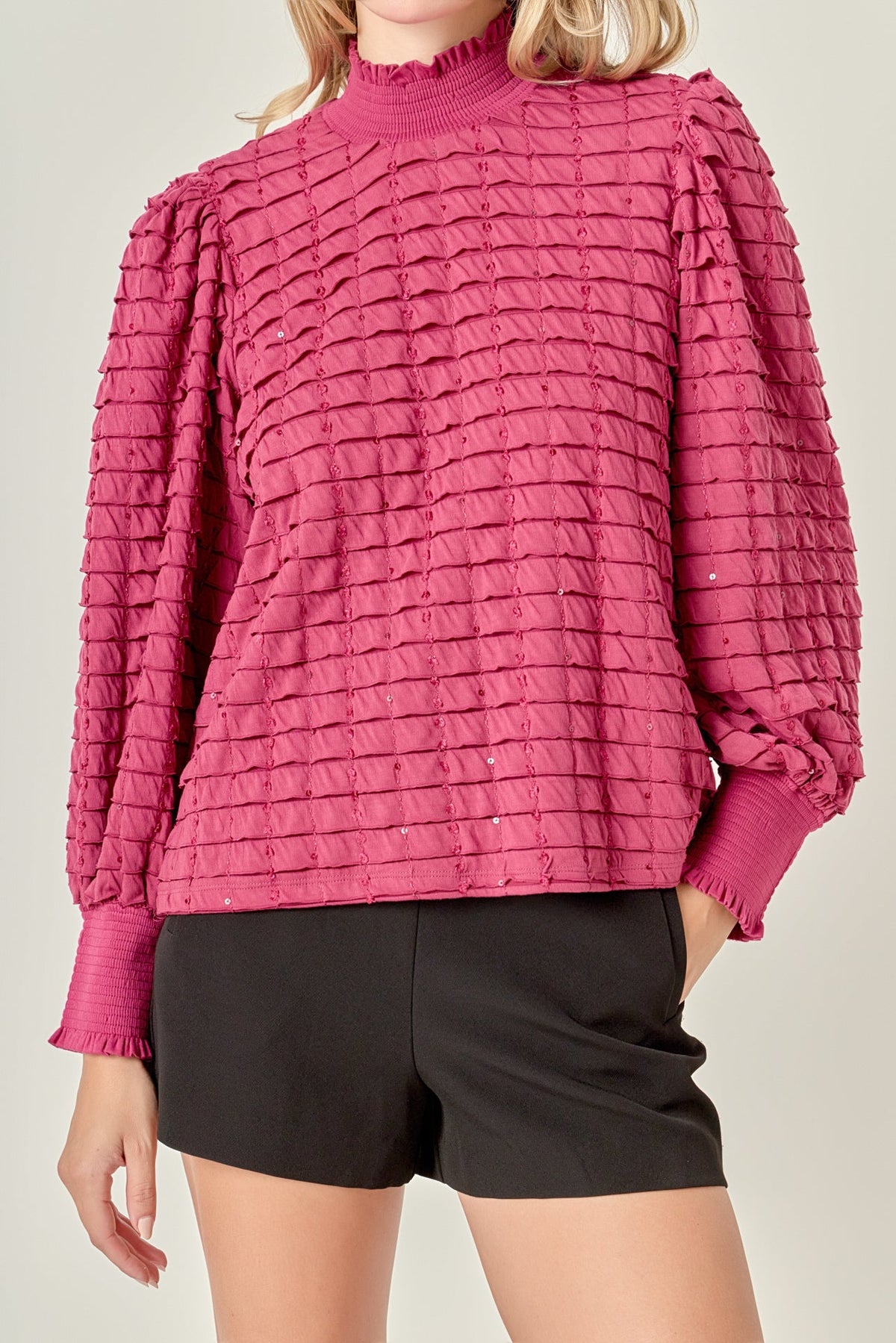 ENGLISH FACTORY - Tiered Jersey Top Mock Neck Blouse - BLOUSES available at Objectrare