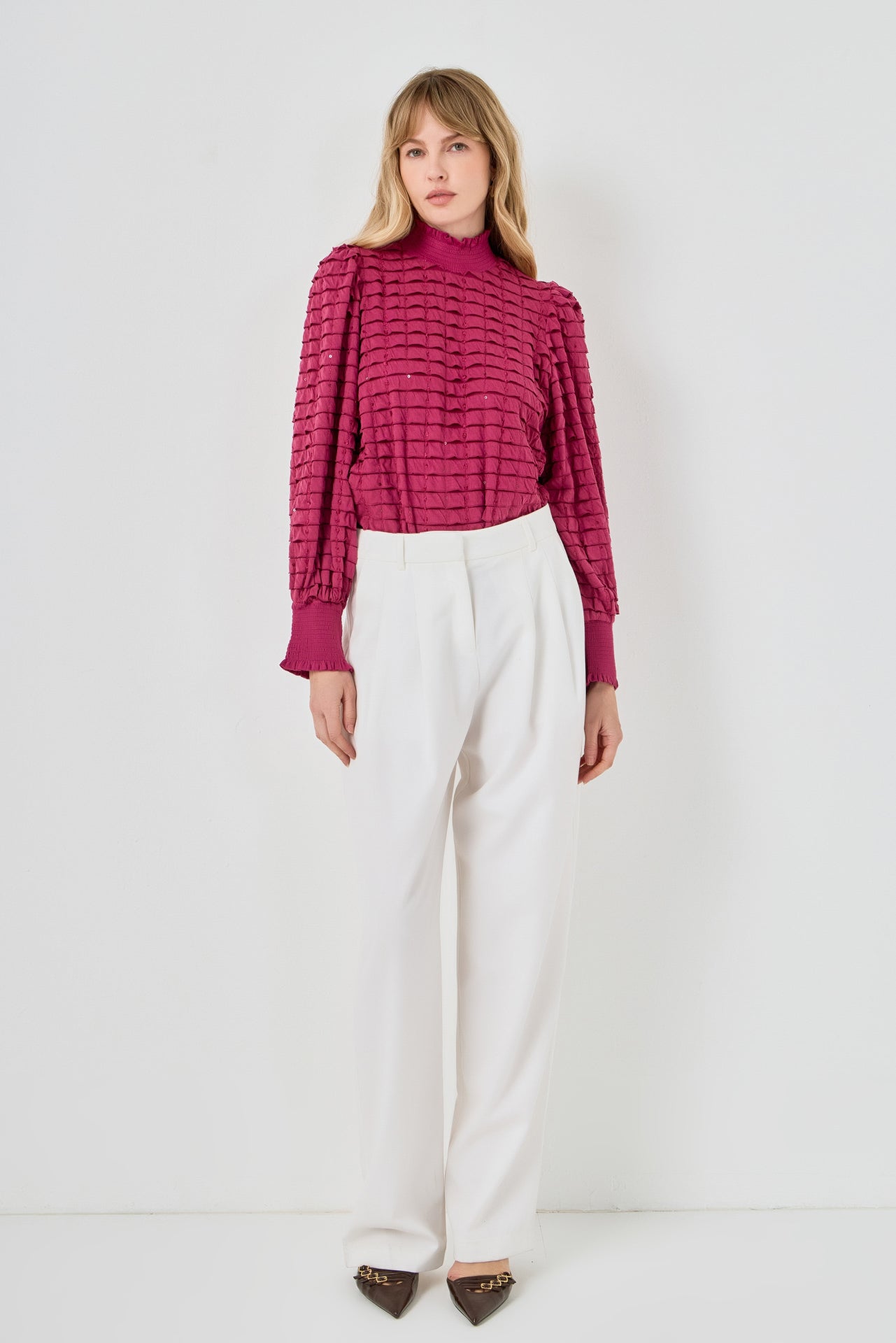 Tiered Jersey Top Mock Neck Blouse