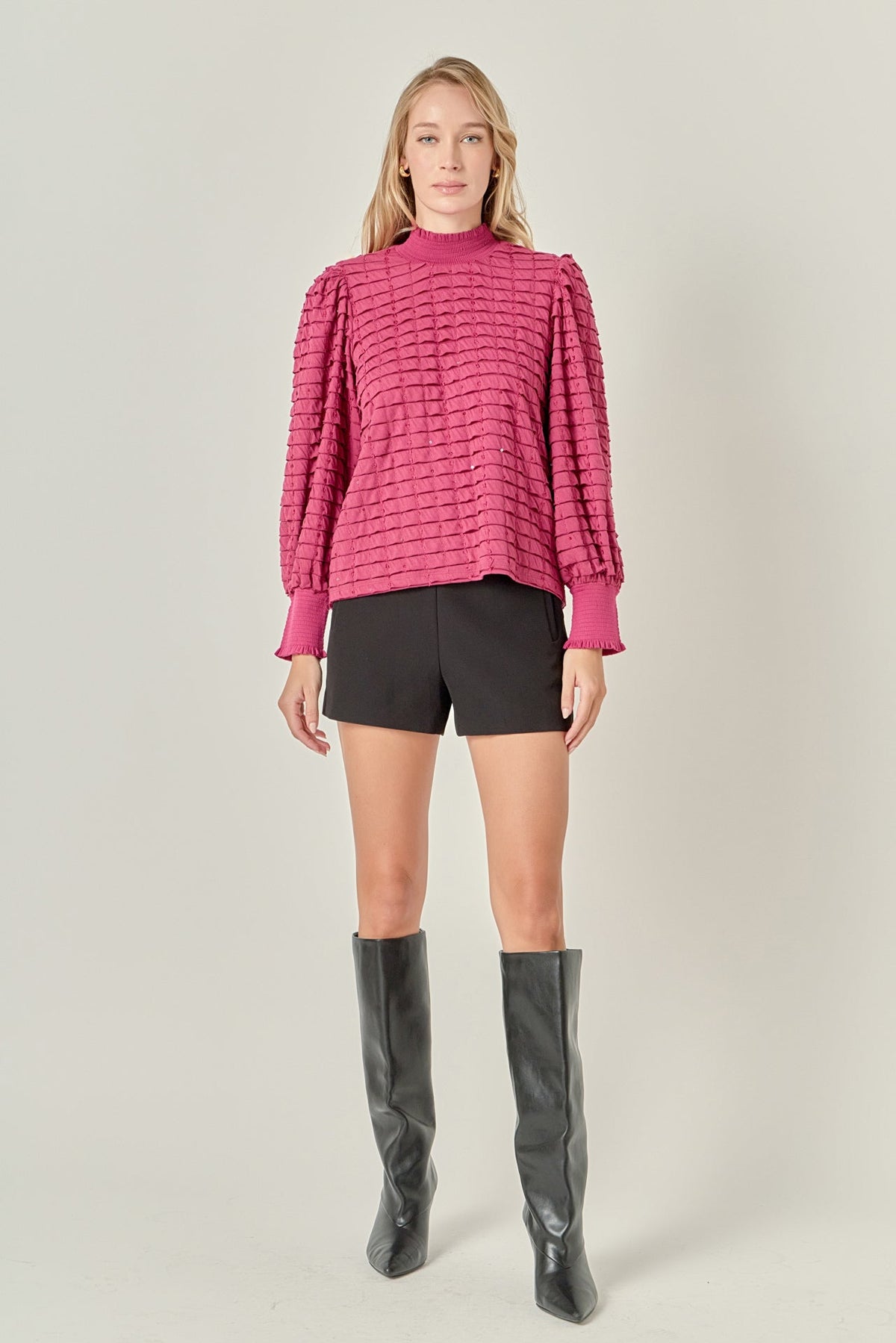 ENGLISH FACTORY - Tiered Jersey Top Mock Neck Blouse - BLOUSES available at Objectrare