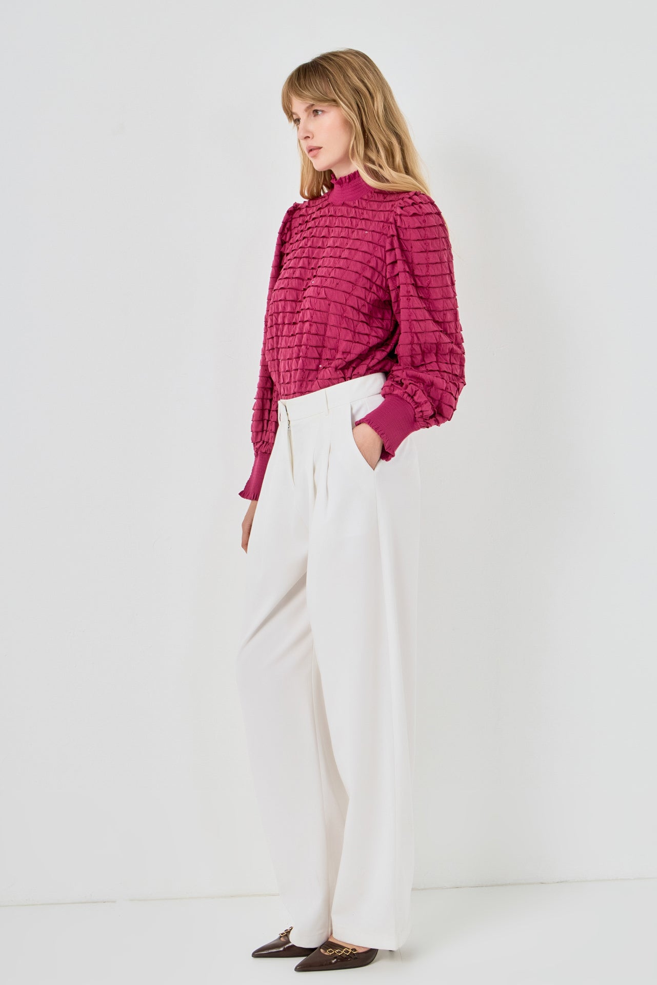 Tiered Jersey Top Mock Neck Blouse