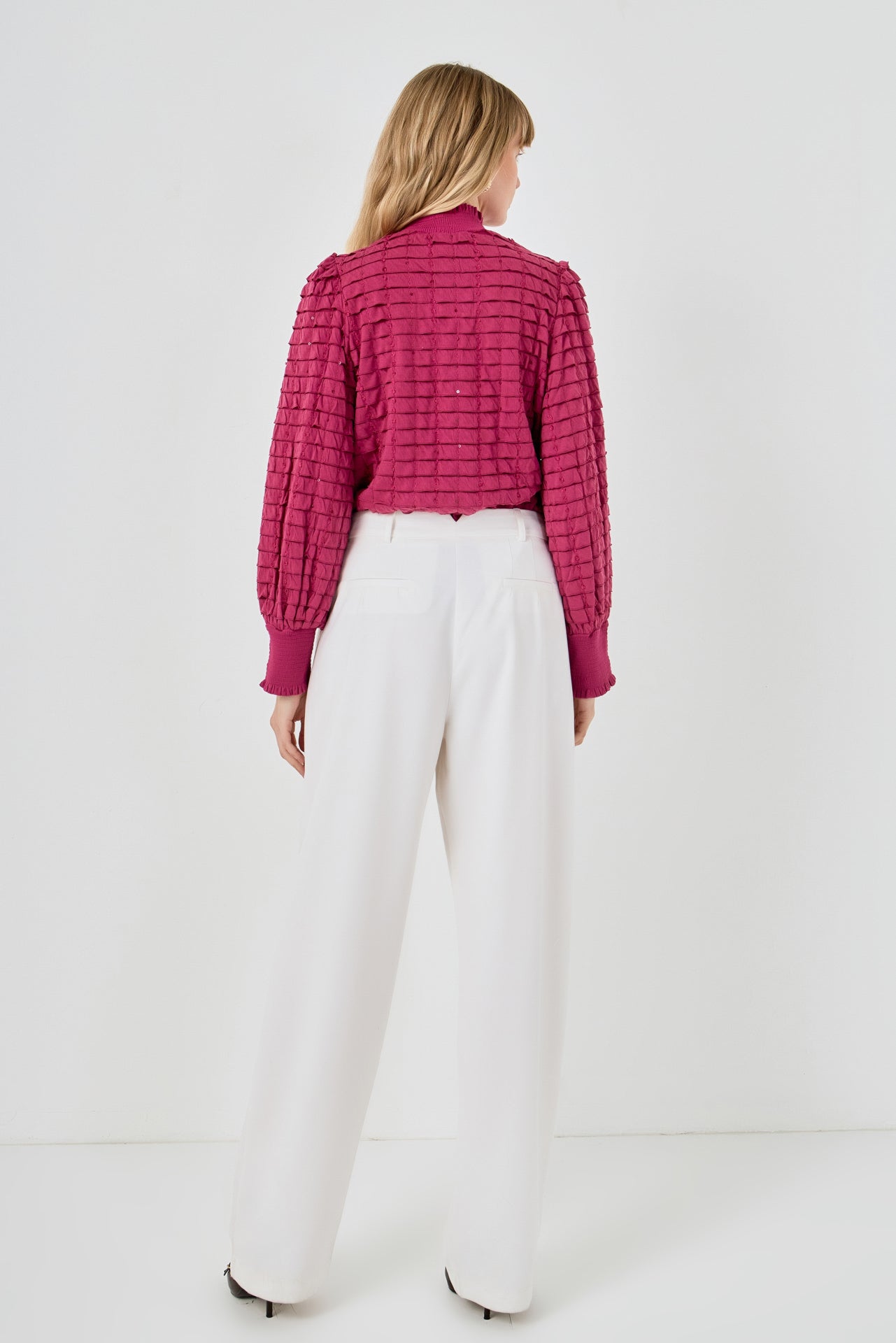 Tiered Jersey Top Mock Neck Blouse