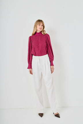 Tiered Jersey Top Mock Neck Blouse