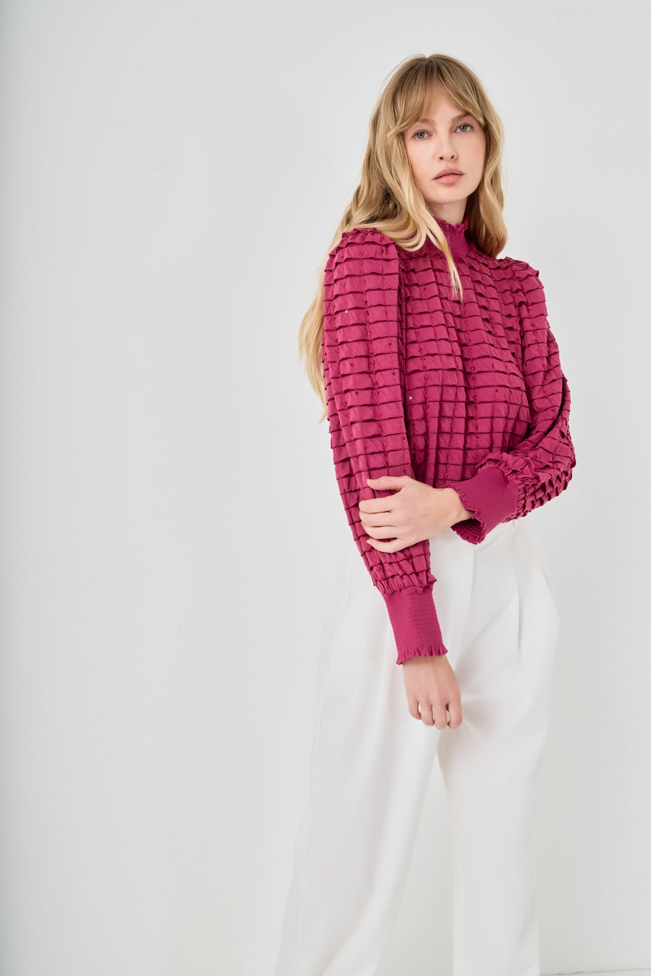 Tiered Jersey Top Mock Neck Blouse