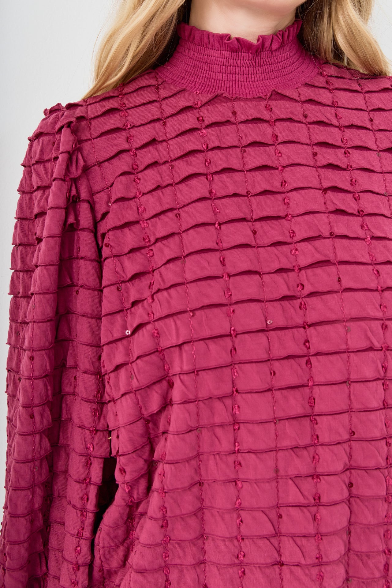 Tiered Jersey Top Mock Neck Blouse