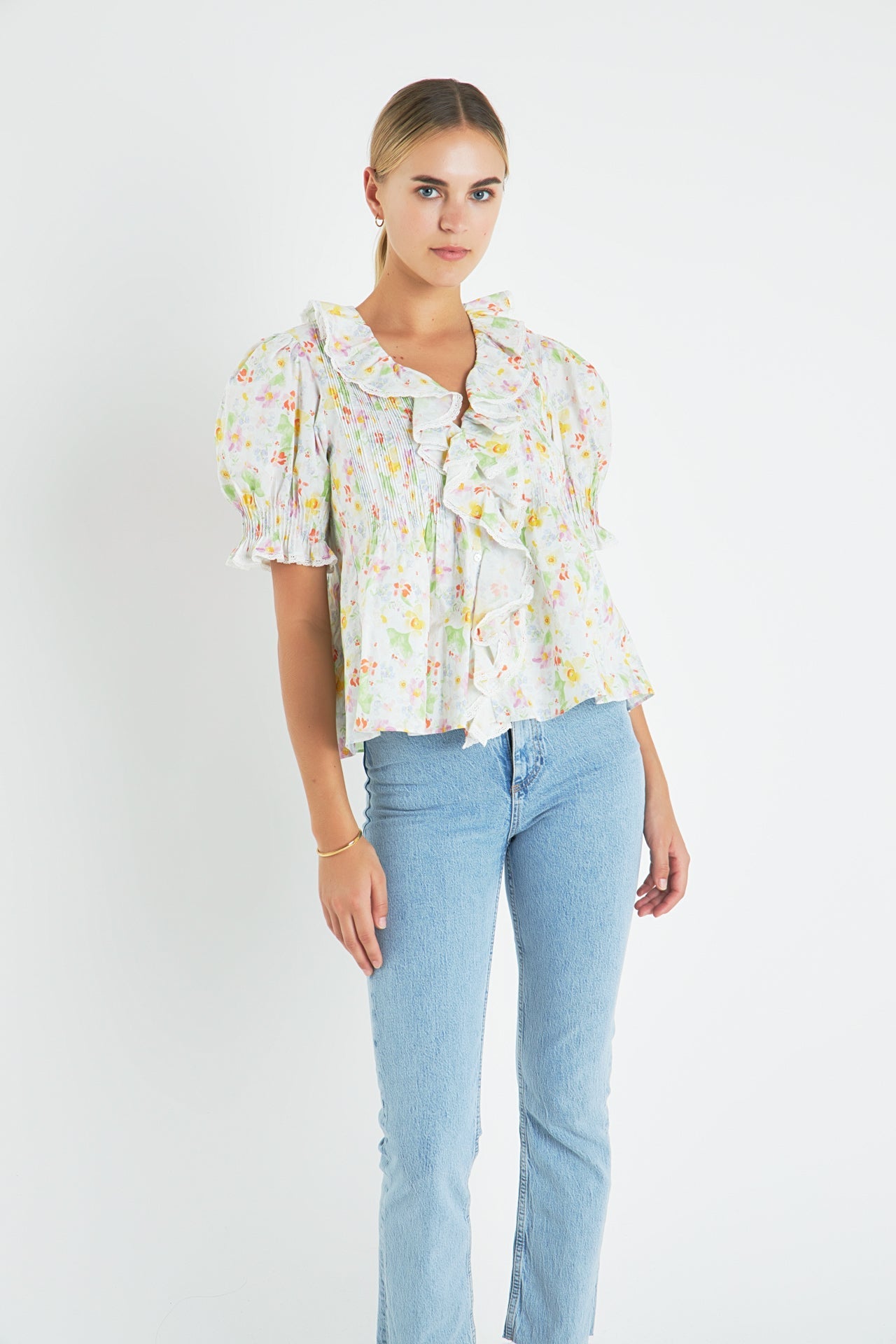 ENGLISH FACTORY - Abstract Floral Print Ruffle Top - TOPS available at Objectrare