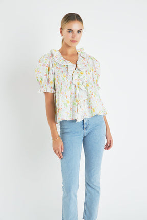 ENGLISH FACTORY - Abstract Floral Print Ruffle Top - TOPS available at Objectrare