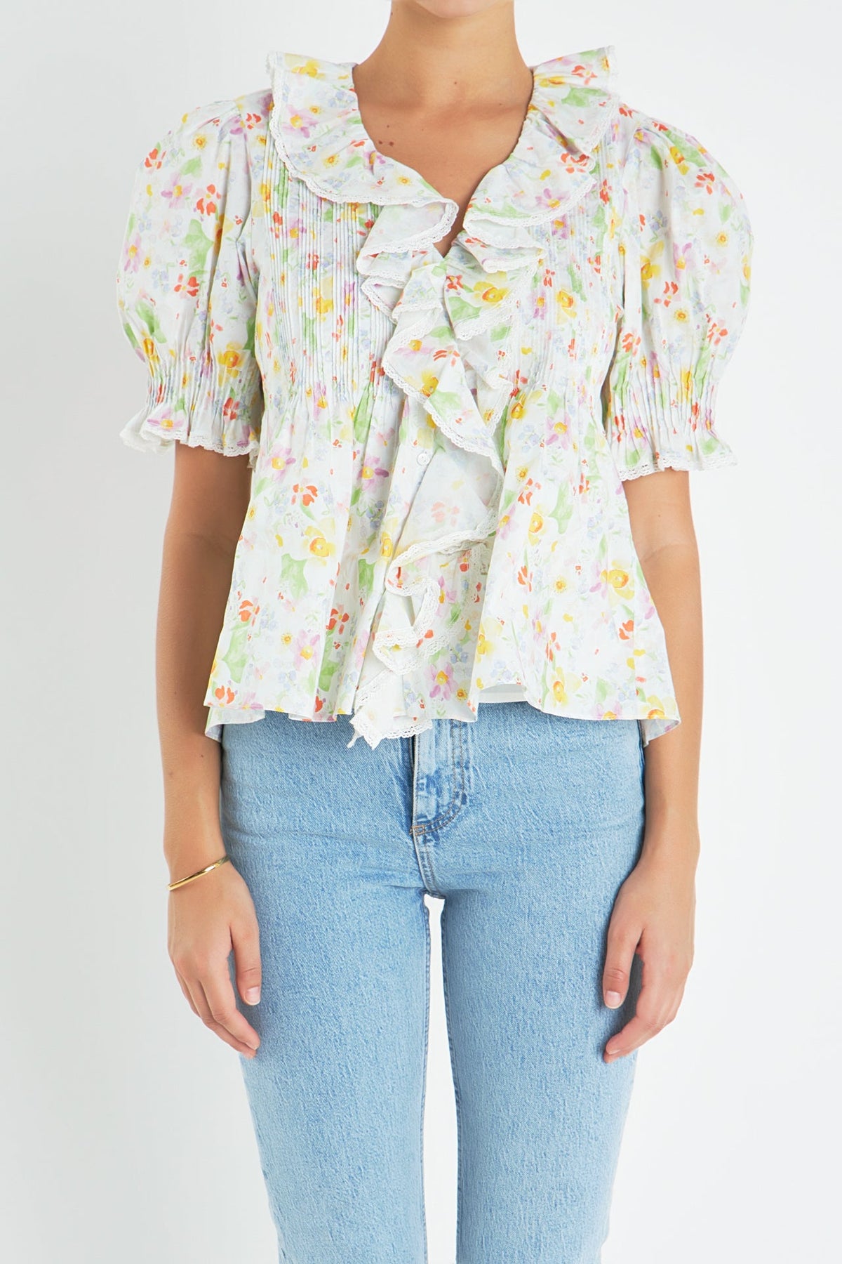 ENGLISH FACTORY - Abstract Floral Print Ruffle Top - TOPS available at Objectrare