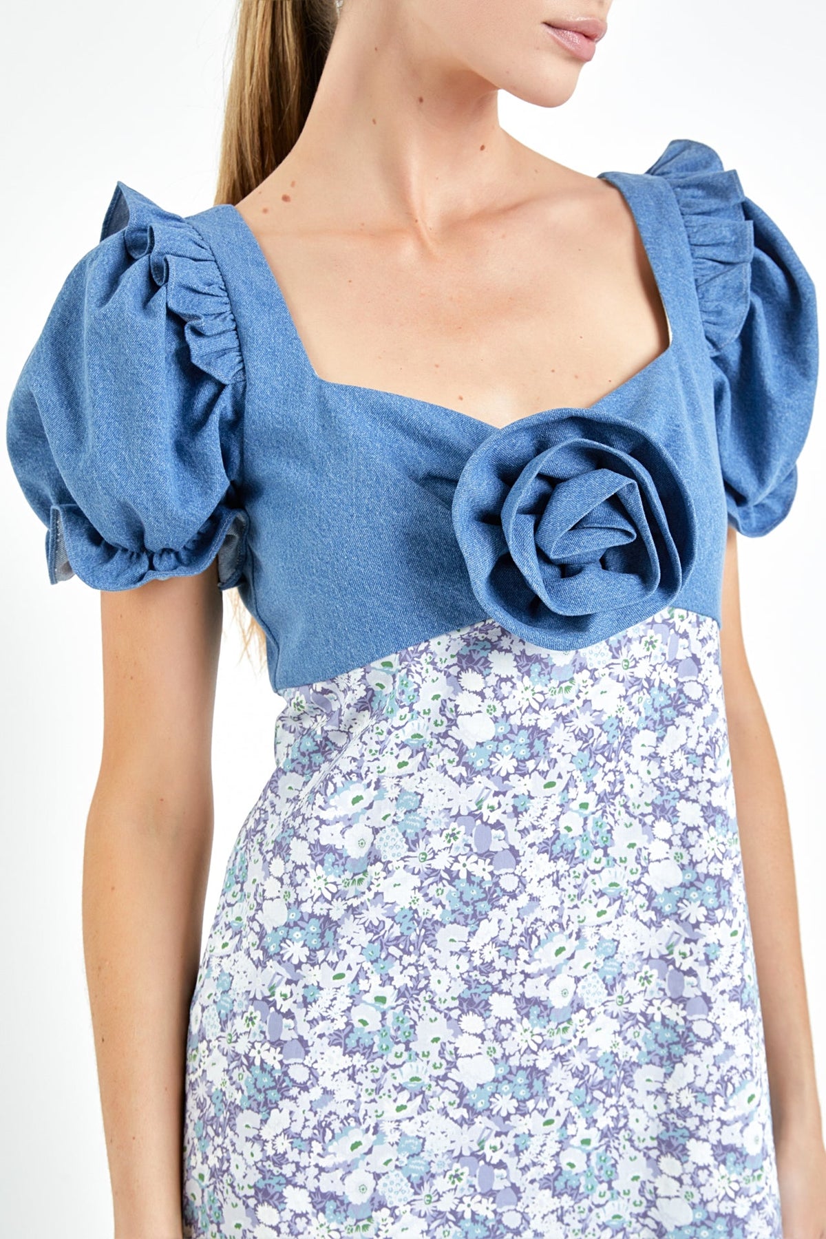 Denim Combo Floral Print Maxi Dress