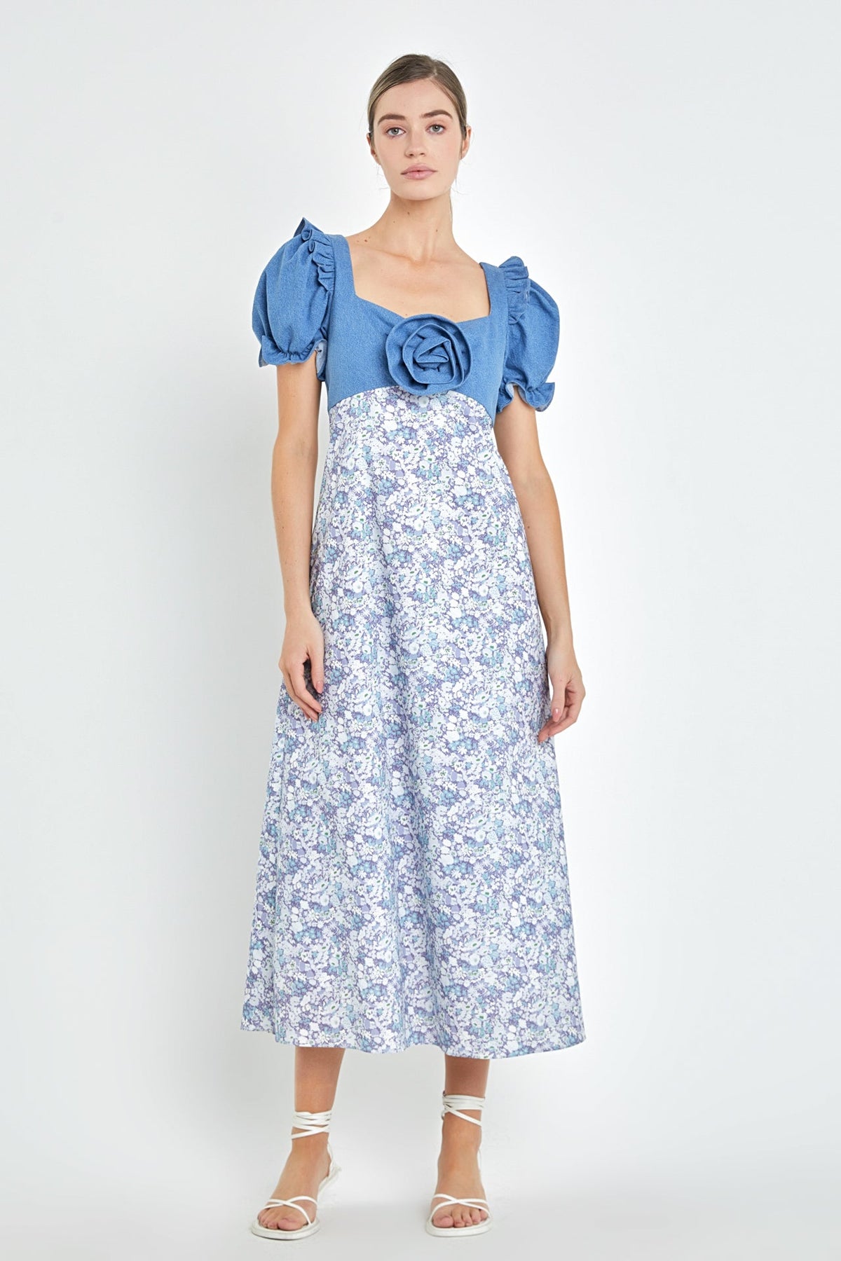 Denim Combo Floral Print Maxi Dress