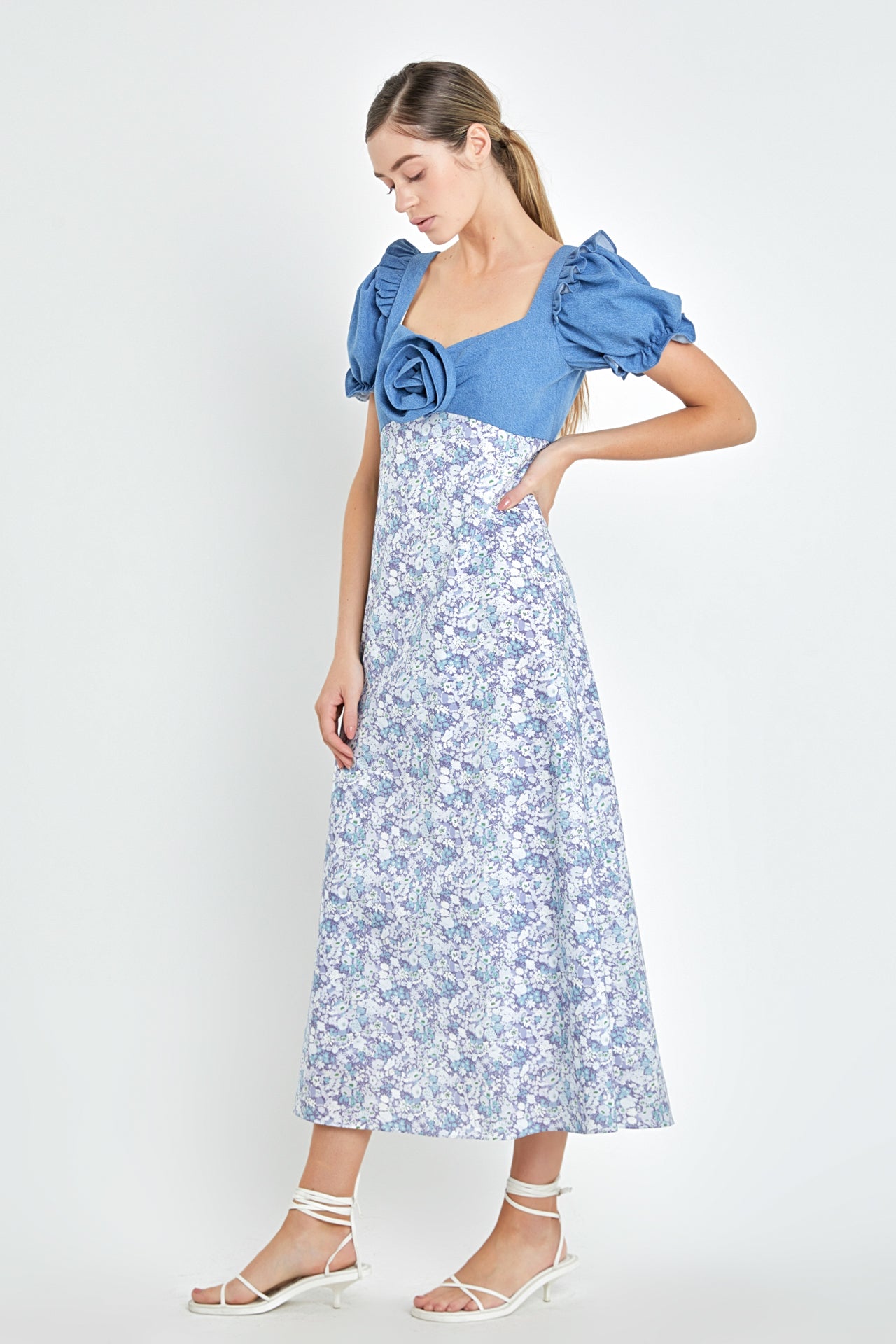 ENGLISH FACTORY - Denim Combo Floral Print Maxi Dress - DRESSES available at Objectrare