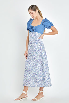 ENGLISH FACTORY - Denim Combo Floral Print Maxi Dress - DRESSES available at Objectrare