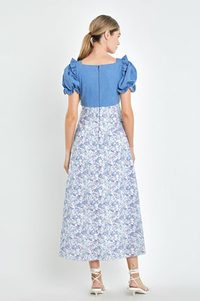 ENGLISH FACTORY - Denim Combo Floral Print Maxi Dress - DRESSES available at Objectrare