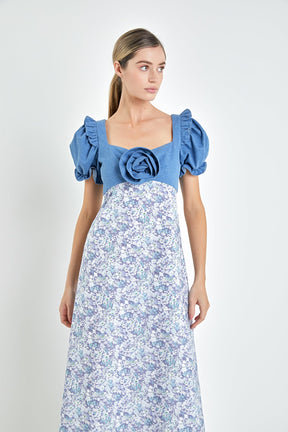 ENGLISH FACTORY - Denim Combo Floral Print Maxi Dress - DRESSES available at Objectrare