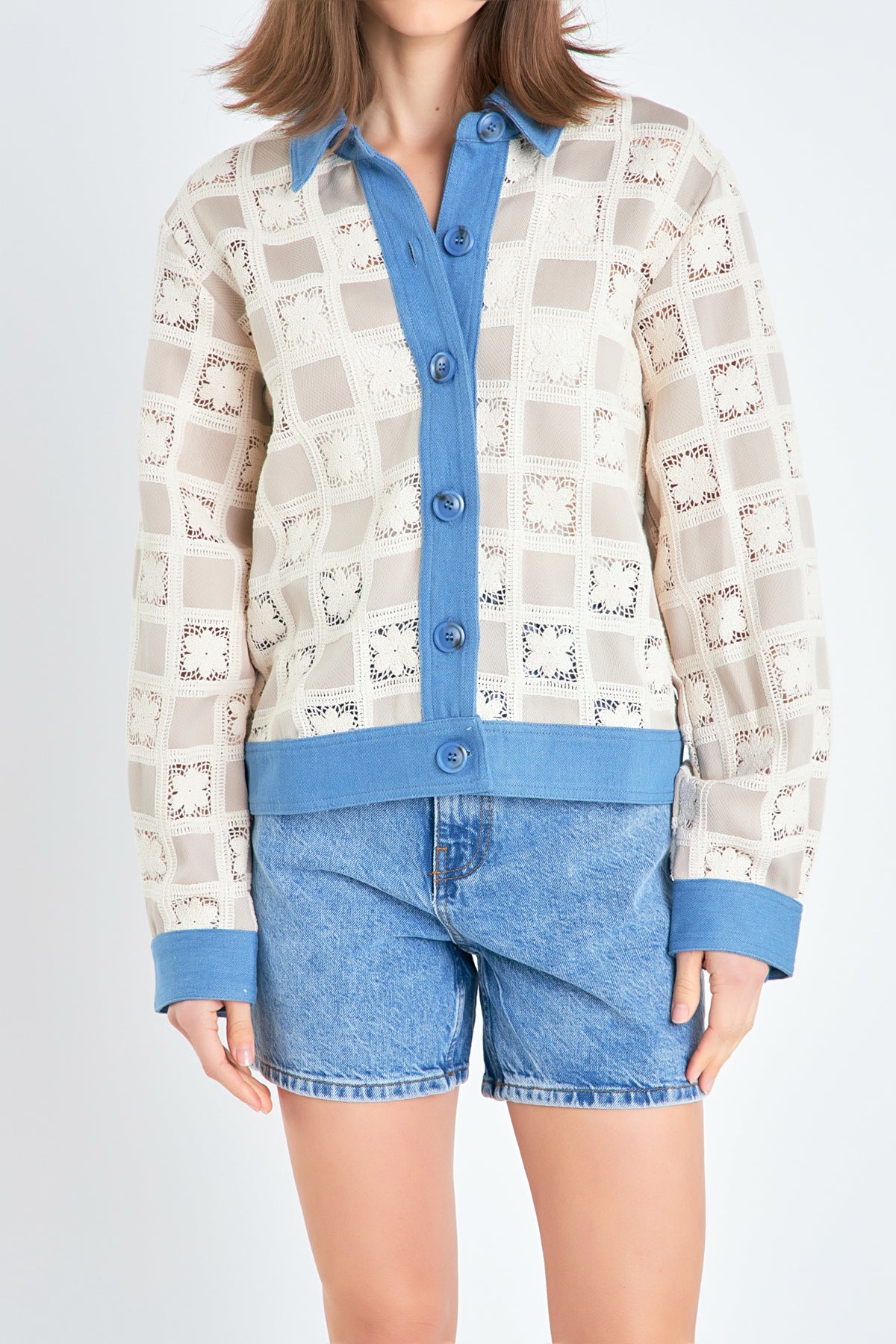 ENGLISH FACTORY - Patchwork Crochet Denim Combo Jacket - JACKETS available at Objectrare