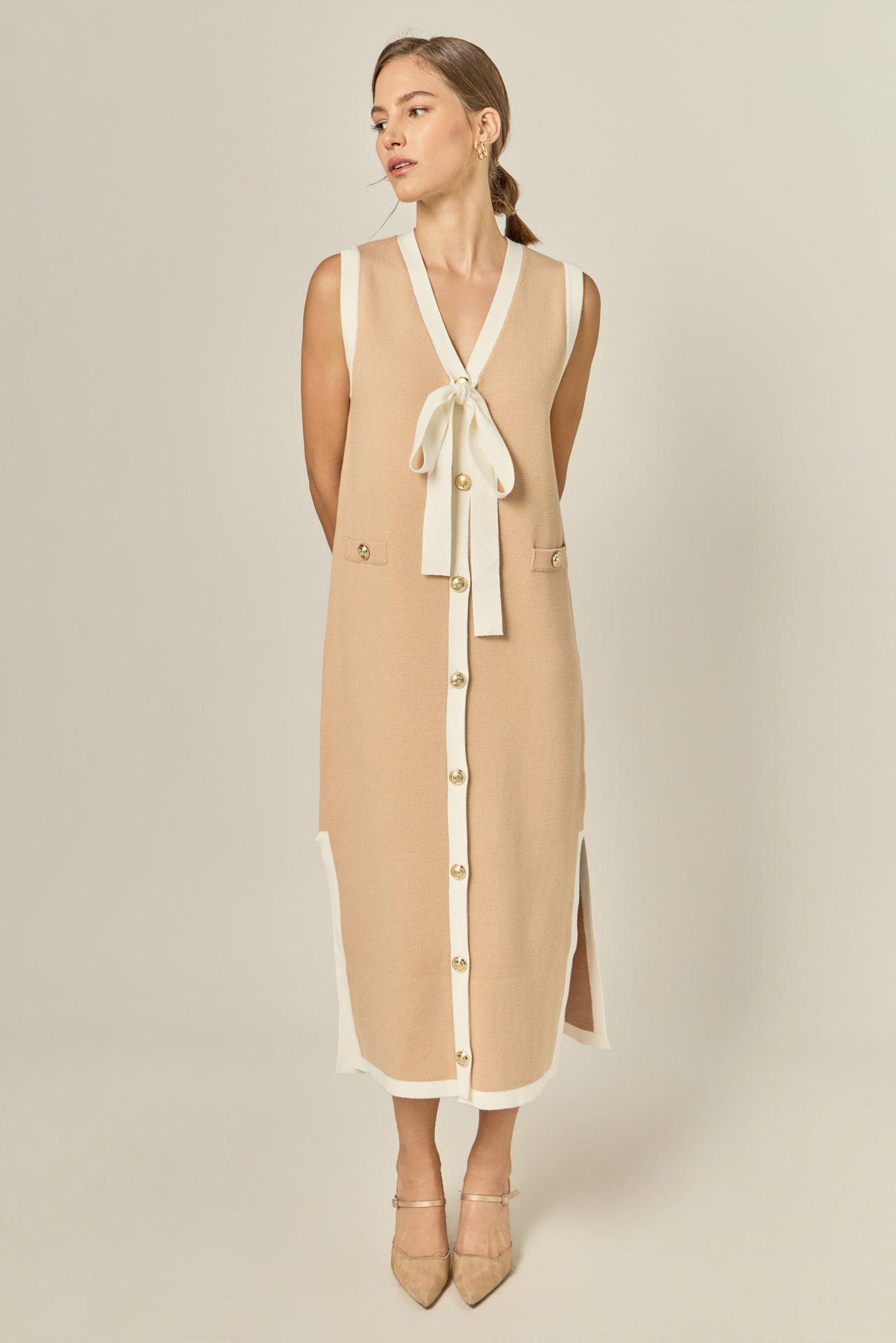 ENGLISH FACTORY - Knit Sleeveless Midi Dress With Ribbon Tie - DRESSES available at Objectrare