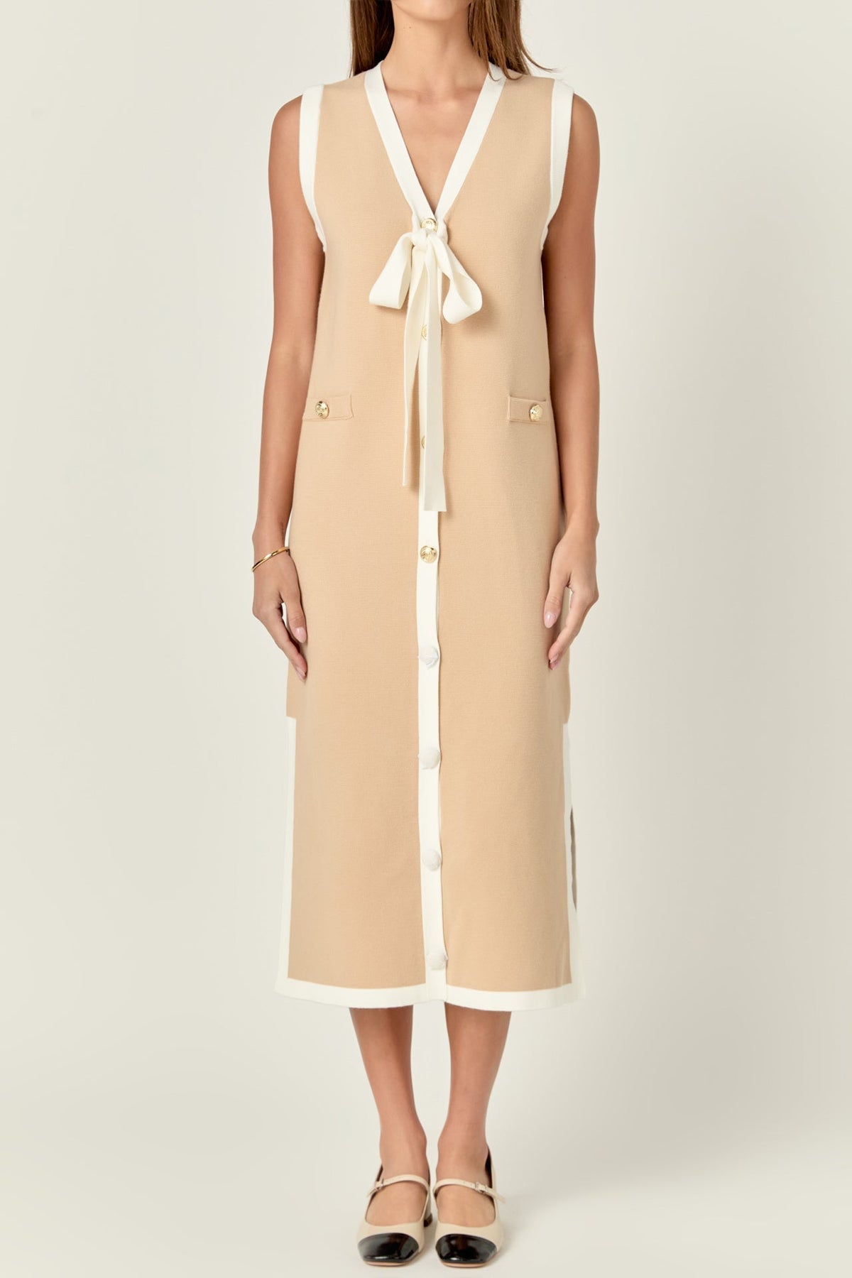 Knit Sleeveless Midi Dress With Ribbon Tie
