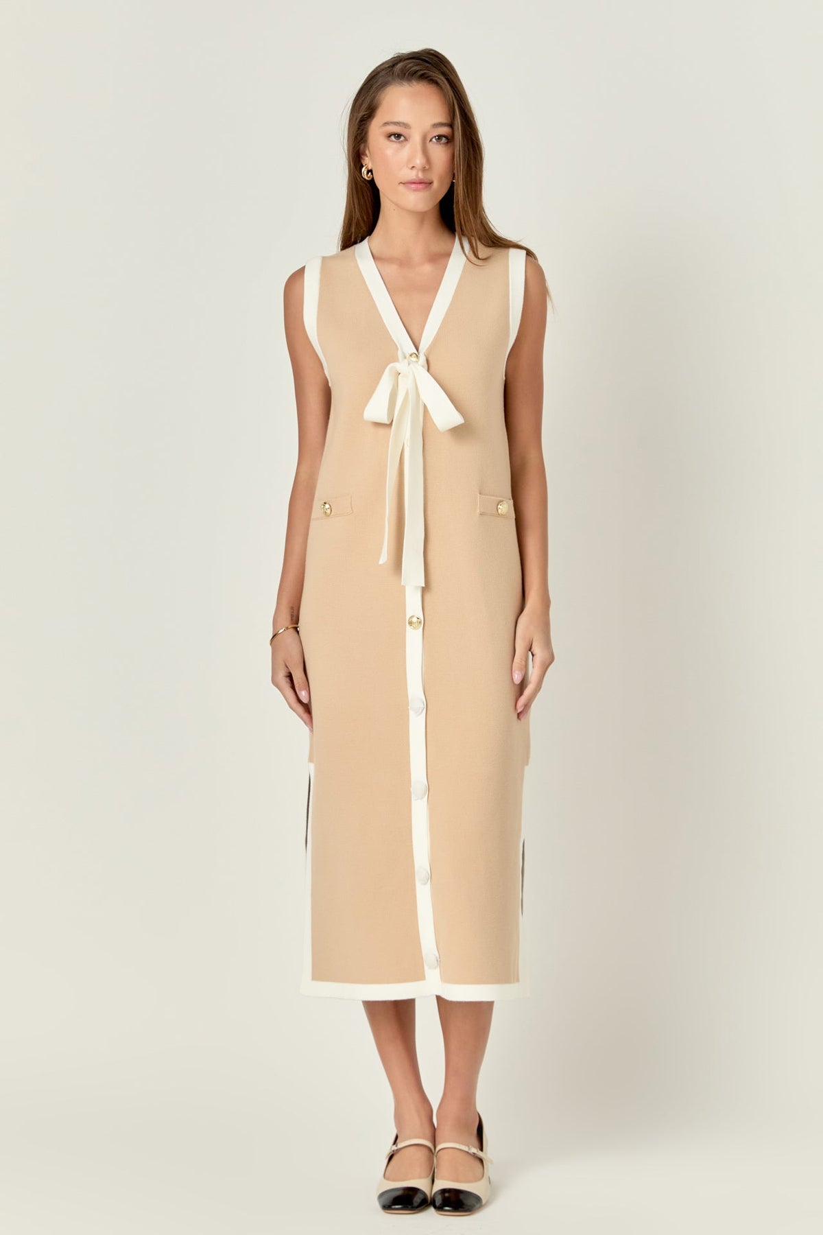 Knit Sleeveless Midi Dress With Ribbon Tie