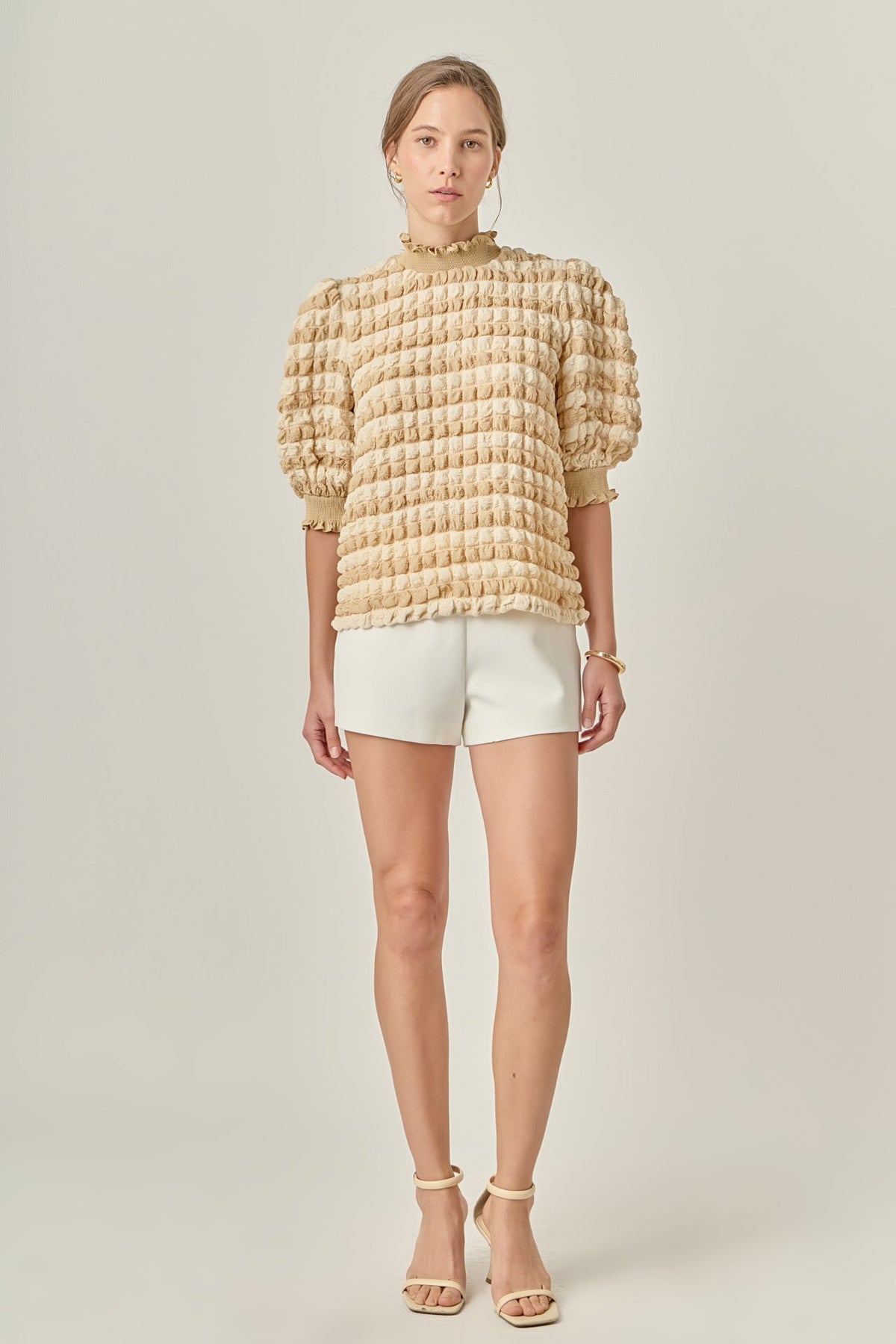 ENGLISH FACTORY - Textured Mock Neck Ruffled Short Sleeve Blouse - TOPS available at Objectrare