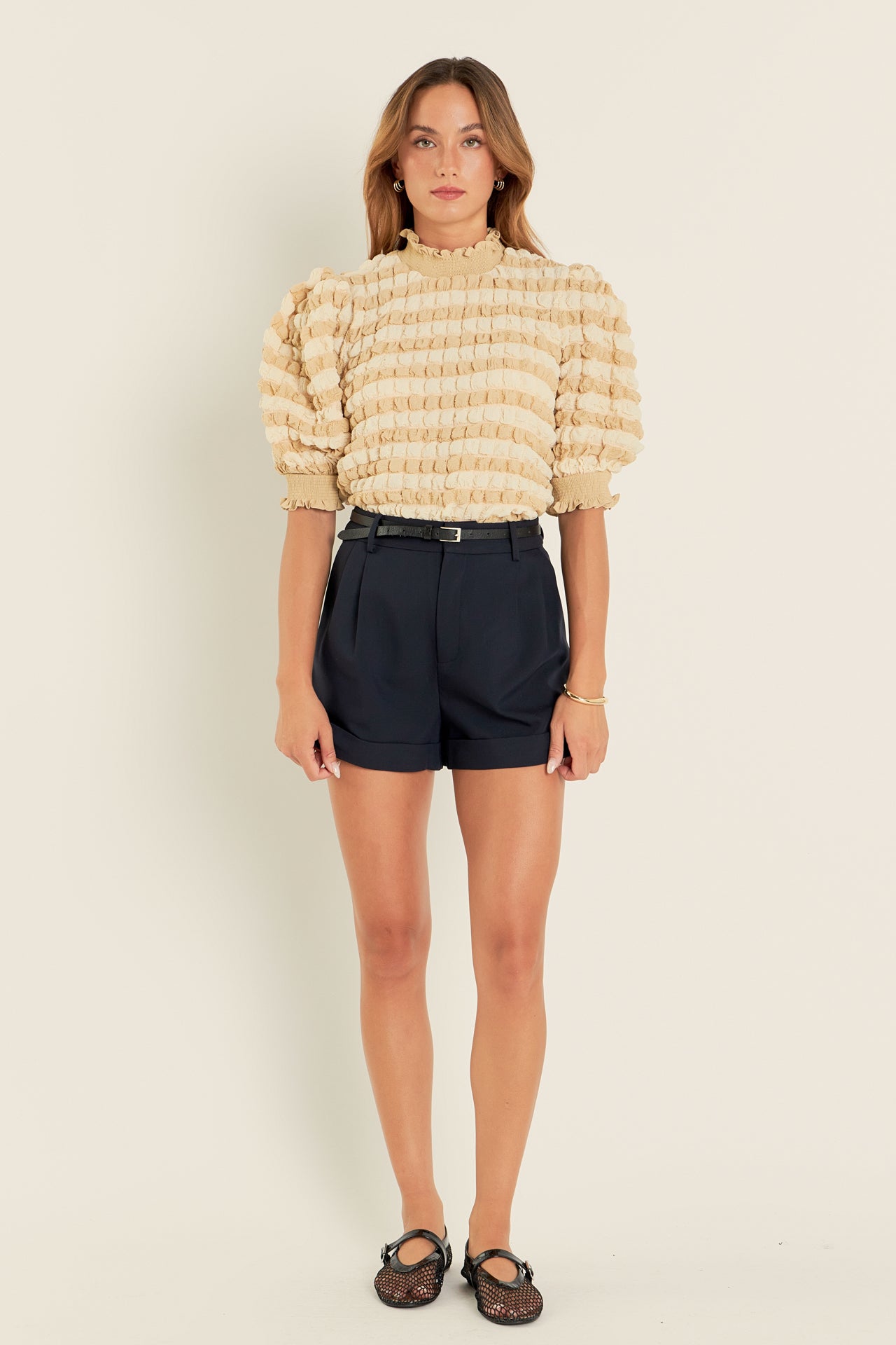 ENGLISH FACTORY - Textured Mock Neck Short Sleeve Blouse - TOPS available at Objectrare