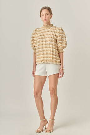 ENGLISH FACTORY - Textured Mock Neck Ruffled Short Sleeve Blouse - TOPS available at Objectrare