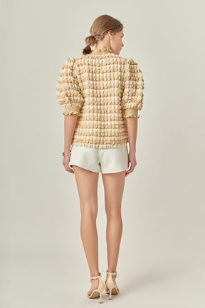ENGLISH FACTORY - Textured Mock Neck Ruffled Short Sleeve Blouse - TOPS available at Objectrare