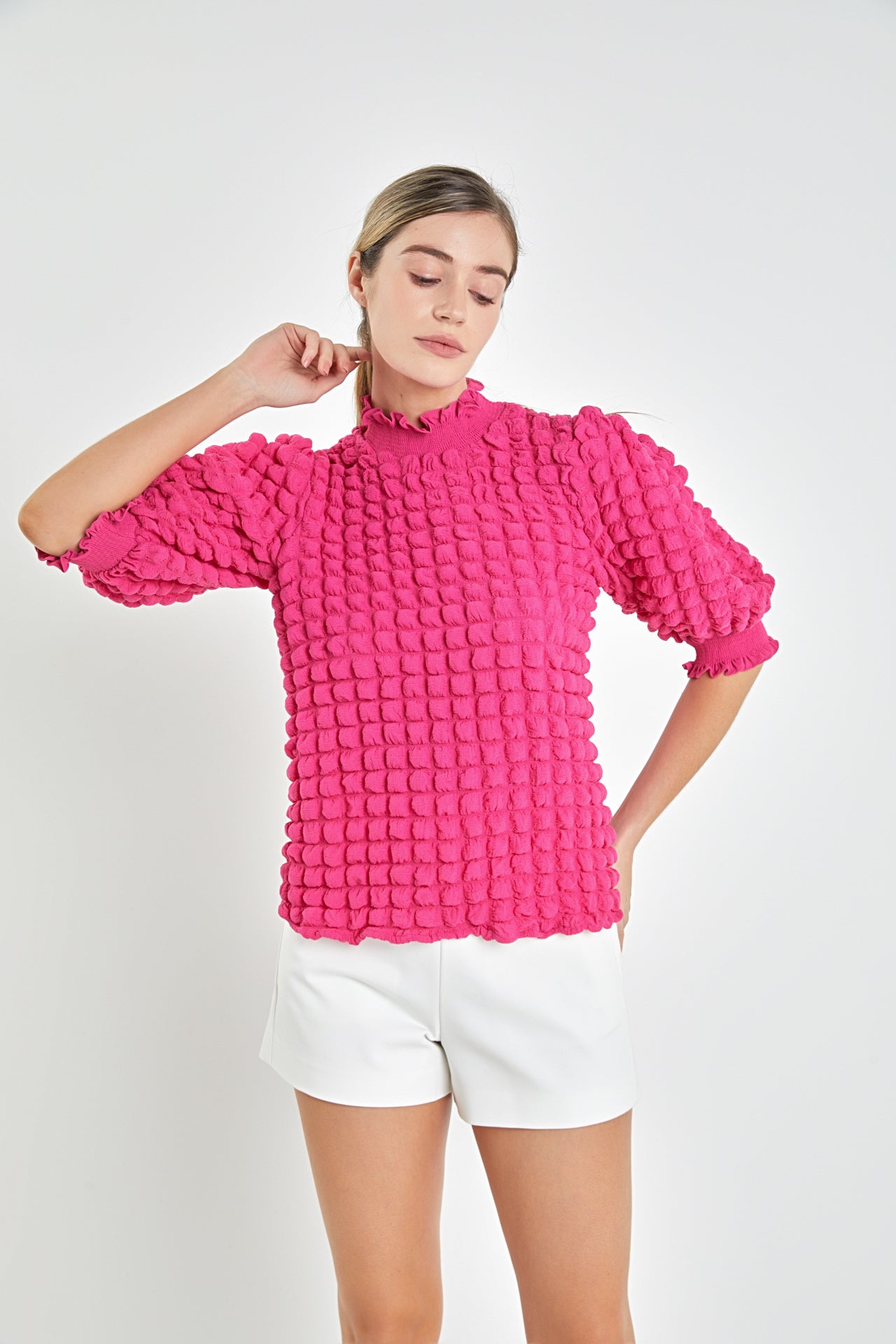 ENGLISH FACTORY - Textured Mock Neck Short Sleeve Blouse - TOPS available at Objectrare