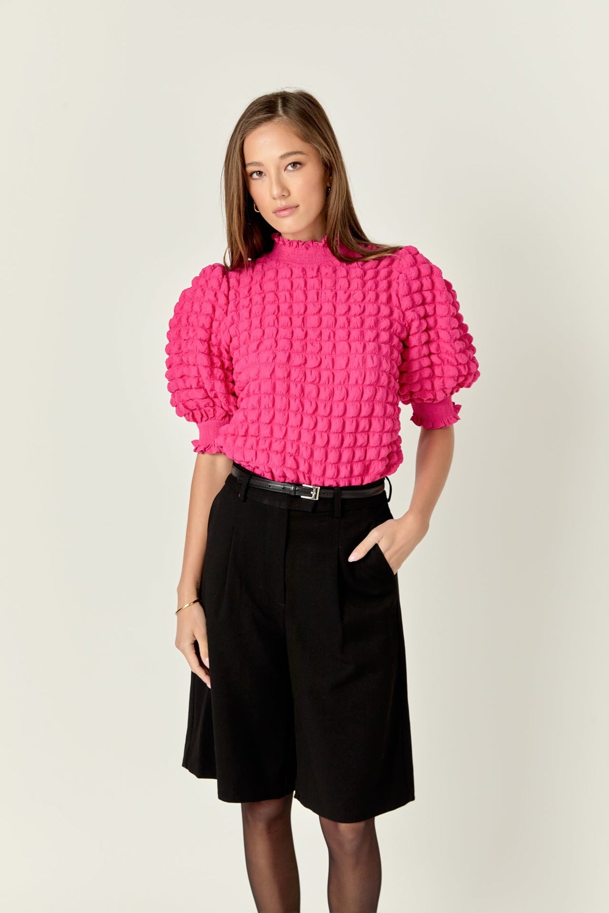 ENGLISH FACTORY - Textured Mock Neck Short Sleeve Blouse - TOPS available at Objectrare
