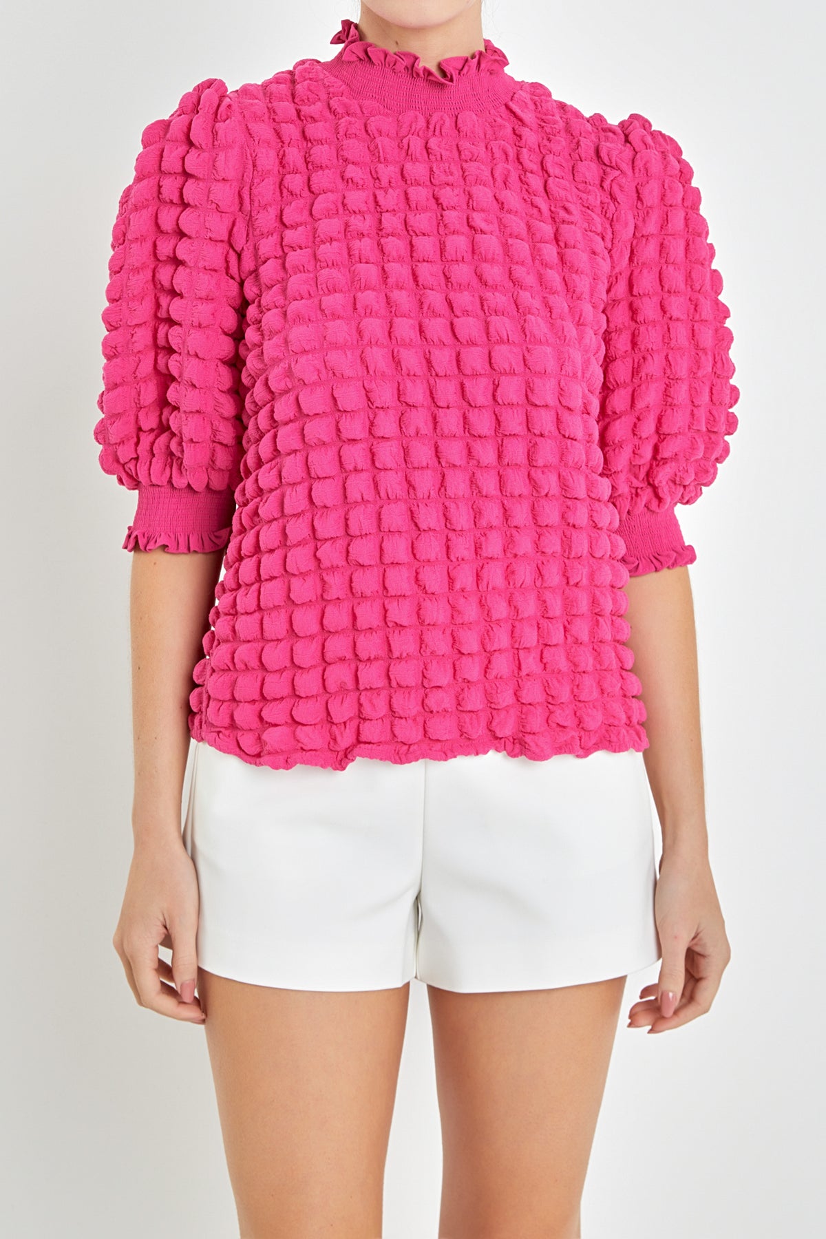ENGLISH FACTORY - Textured Mock Neck Short Sleeve Blouse - TOPS available at Objectrare
