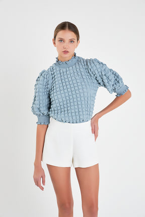 ENGLISH FACTORY - Textured Mock Neck Short Sleeve Blouse - TOPS available at Objectrare