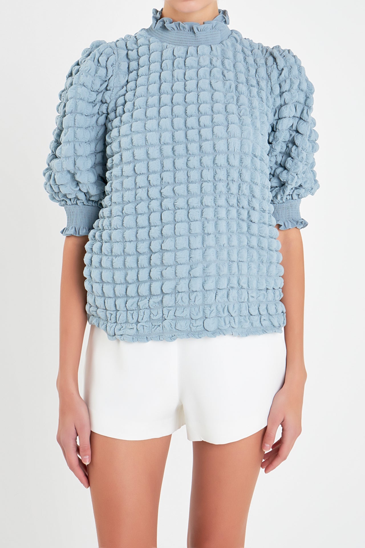 ENGLISH FACTORY - Textured Mock Neck Short Sleeve Blouse - TOPS available at Objectrare