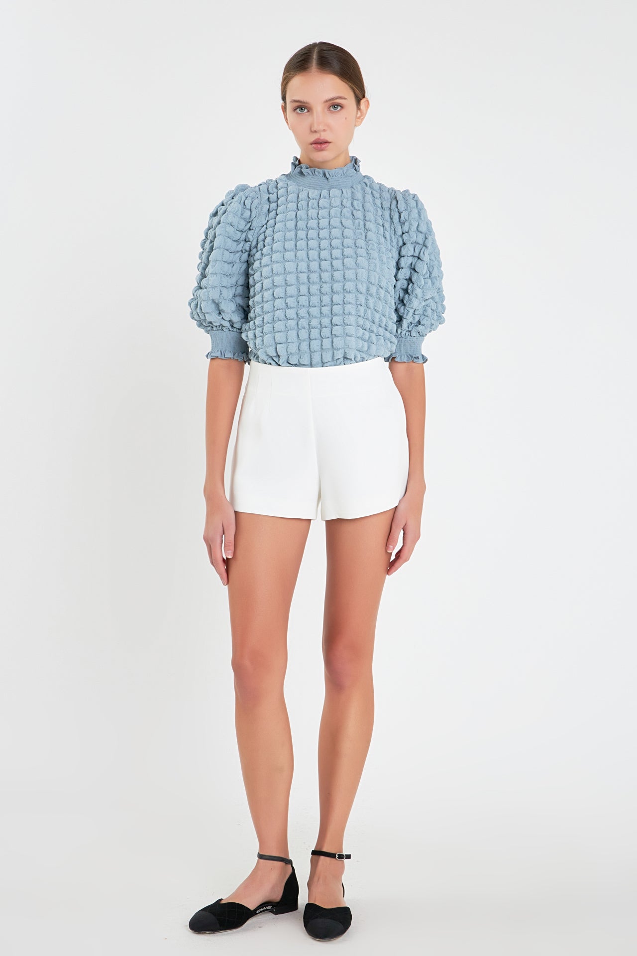 ENGLISH FACTORY - Textured Mock Neck Short Sleeve Blouse - TOPS available at Objectrare