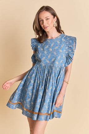 Paisley Print Ruffle Sleeve Mini Dress