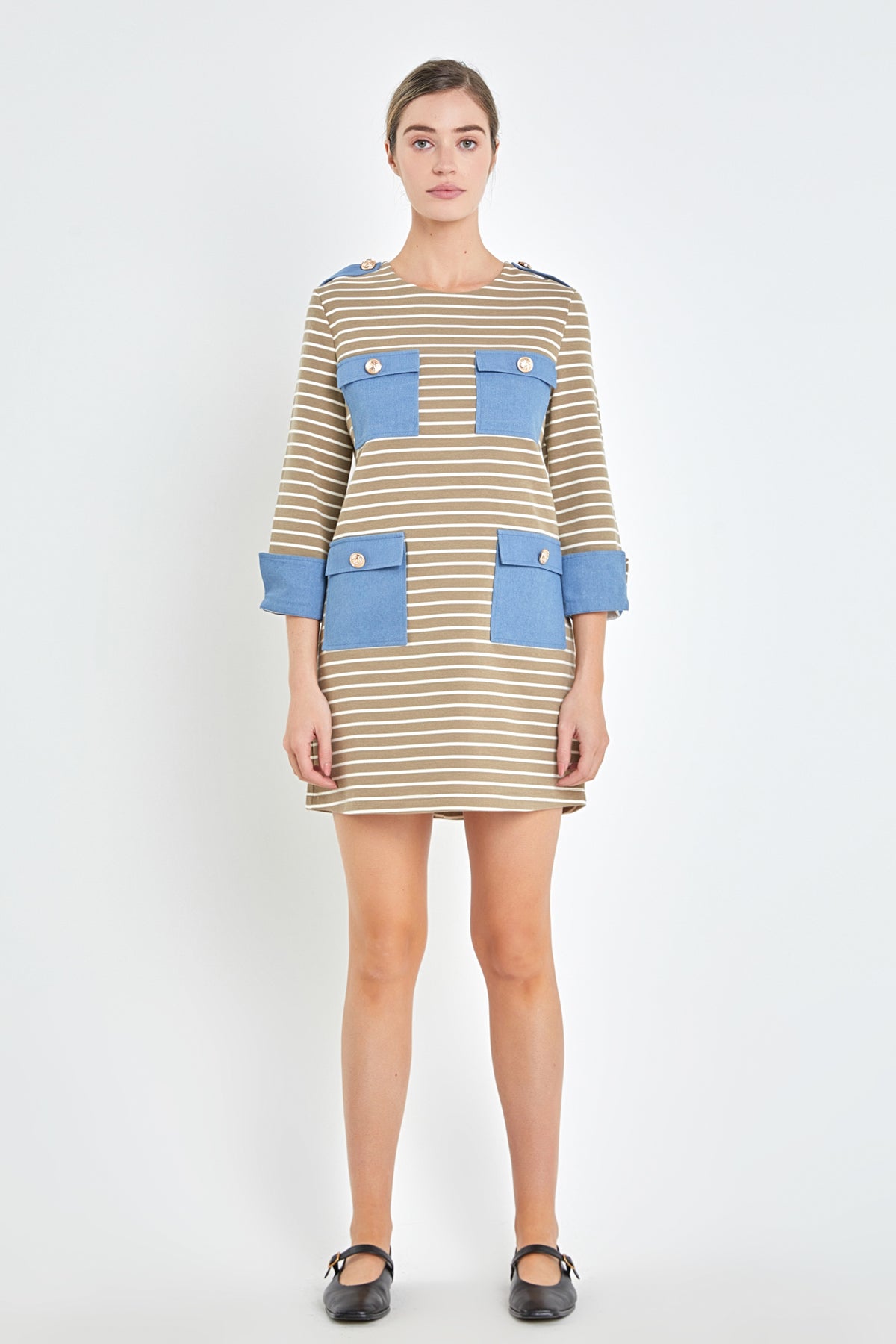 ENGLISH FACTORY - Striped Jersey Knit Dress With Denim Pockets - DRESSES available at Objectrare