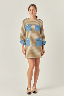 ENGLISH FACTORY - Striped Jersey Knit Dress With Denim Pockets - DRESSES available at Objectrare
