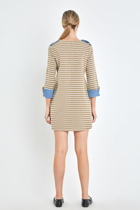 ENGLISH FACTORY - Striped Jersey Knit Dress With Denim Pockets - DRESSES available at Objectrare