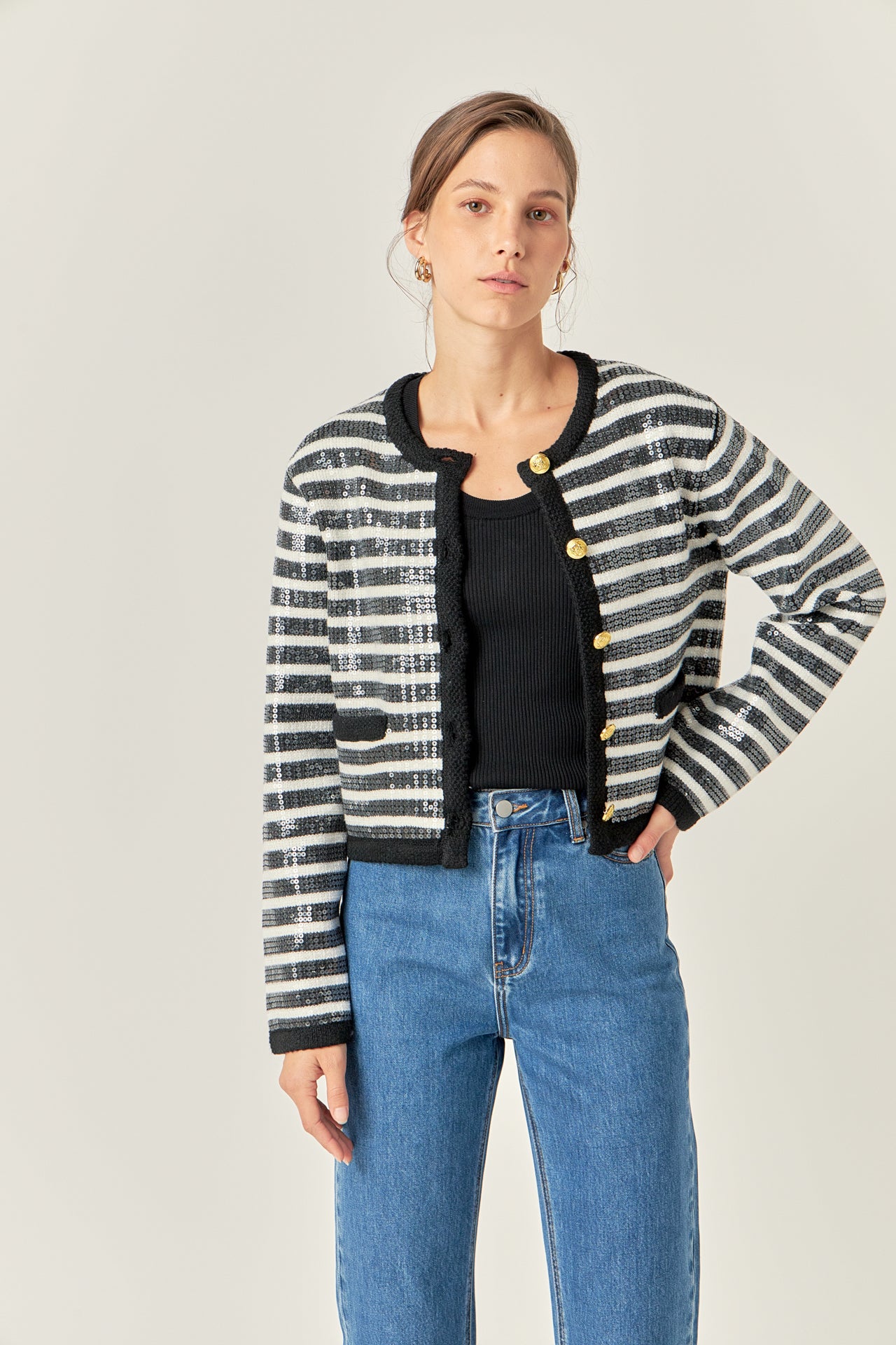 ENGLISH FACTORY - Sequin Striped Knit Cardigan - JACKETS available at Objectrare