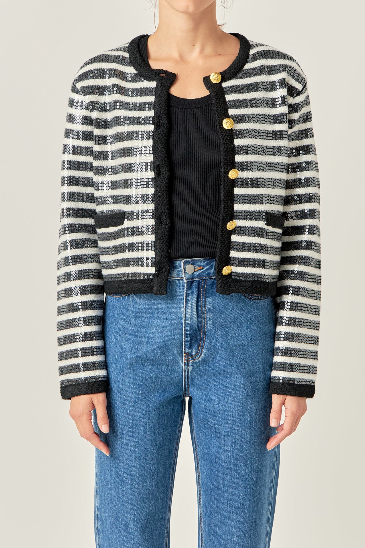 ENGLISH FACTORY - Sequin Striped Knit Cardigan - JACKETS available at Objectrare