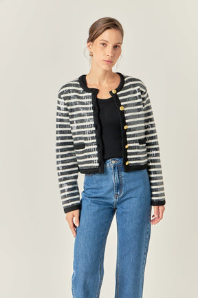 ENGLISH FACTORY - Sequin Striped Knit Cardigan - SWEATERS & KNITS available at Objectrare