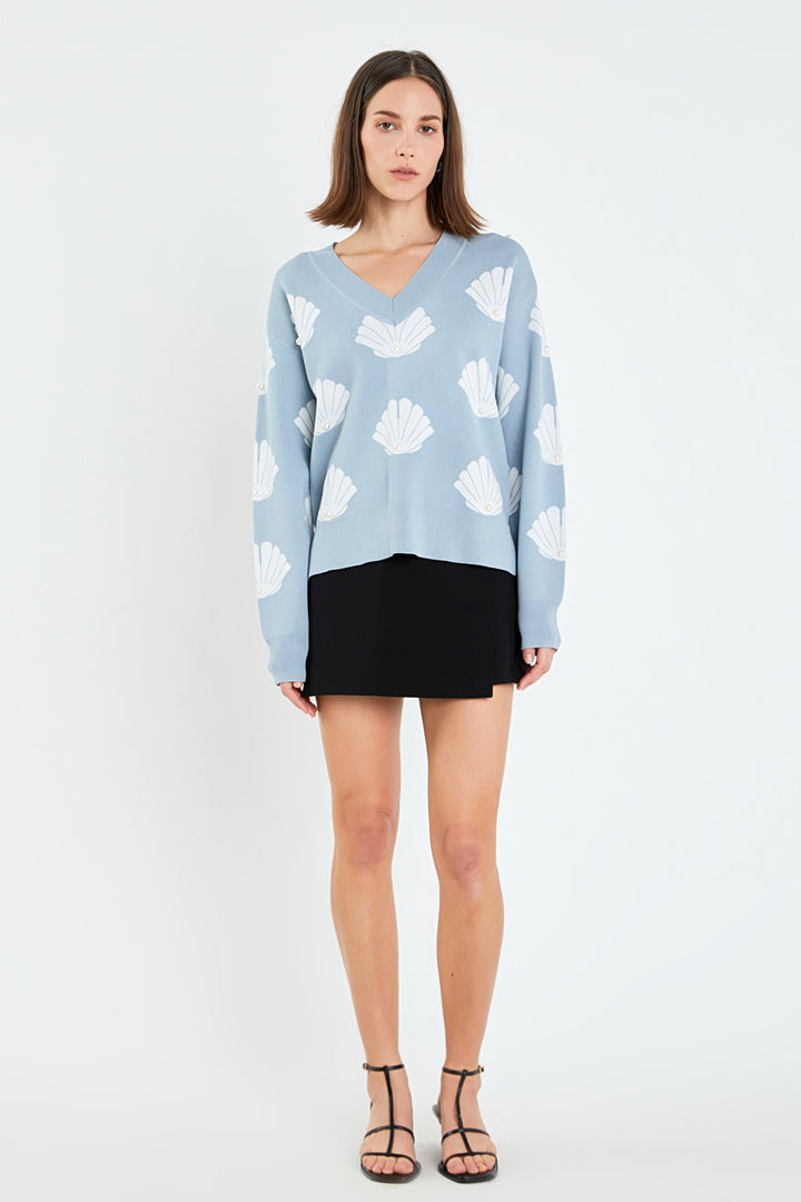ENGLISH FACTORY - Shell Motif Sweater with Pearl Trim - SWEATERS & KNITS available at Objectrare
