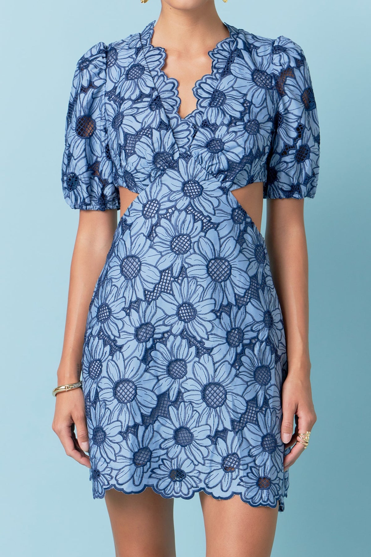Floral Eyelet Lace Cut Out Scalloped Mini Dress