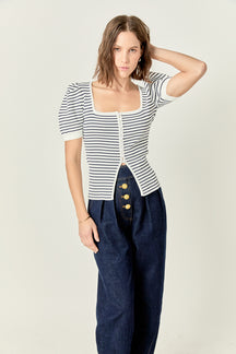 ENGLISH FACTORY - English Factory - Square Neck Striped Button Down Knit Top - TOPS available at Objectrare