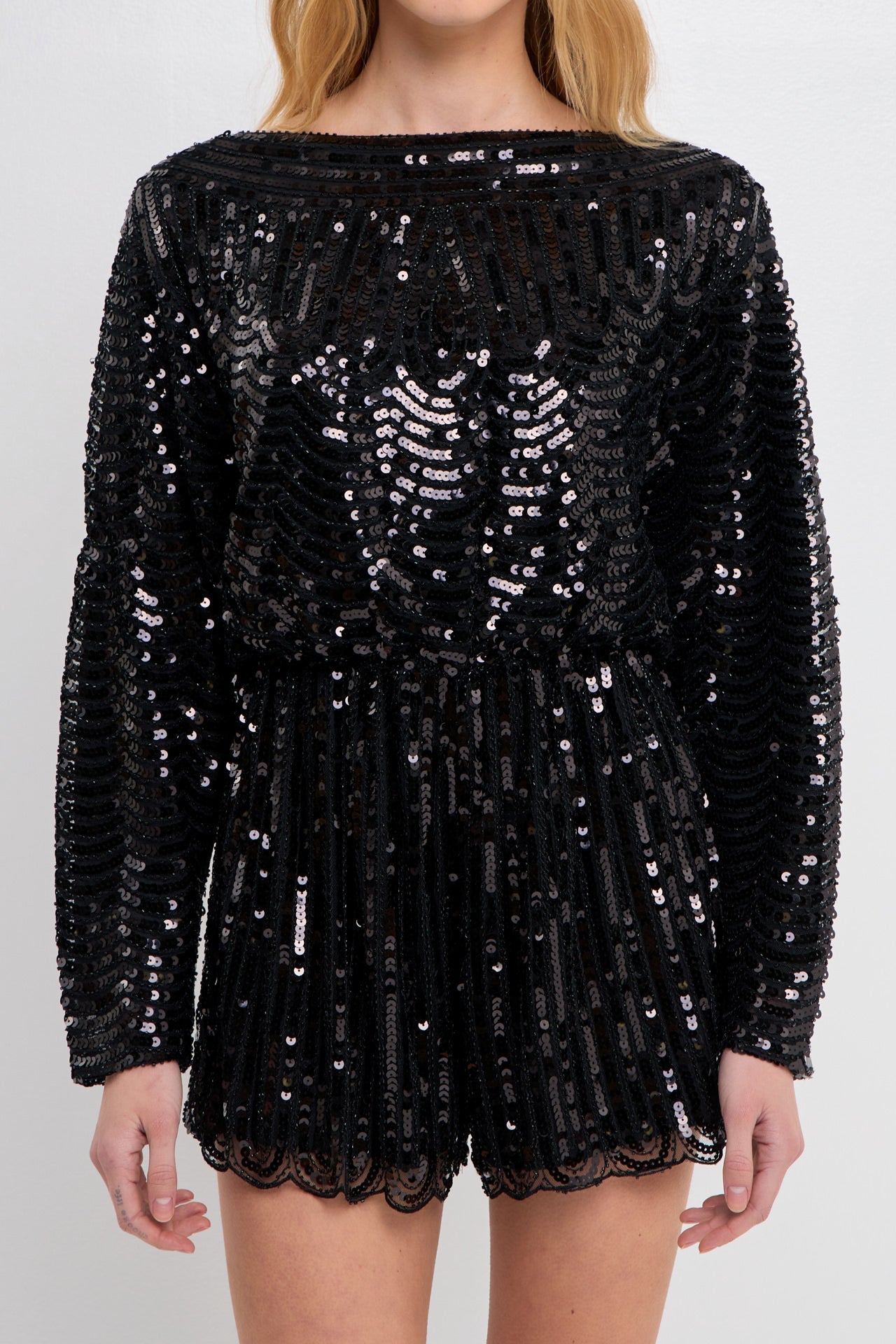 ENDLESS ROSE - Boat Neck Sequin Romper - ROMPERS available at Objectrare