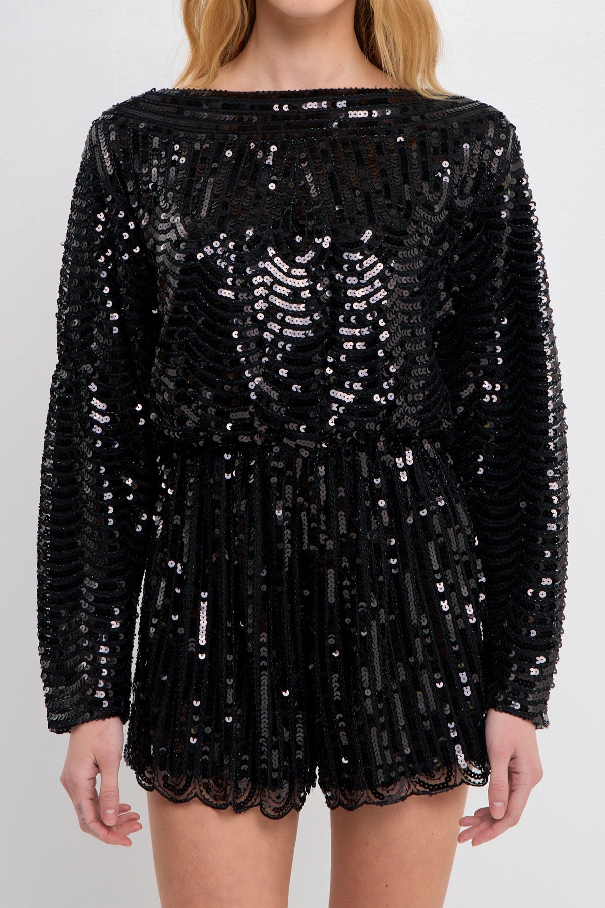 ENDLESS ROSE - Boat Neck Sequin Romper - ROMPERS available at Objectrare